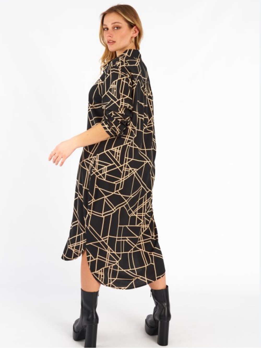 Linda Lundstrom VINTAGE Sheer Elegant Black Gold Check Grid Button Down Dress